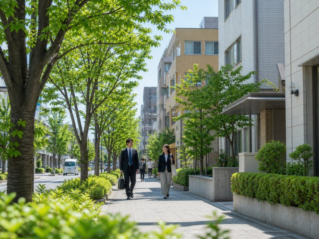 所沢市周辺の地域企業を想起させる街並み