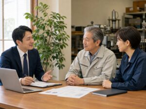 事業承継について相談する所沢エリアの企業オーナーと後継者