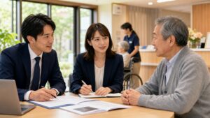 所沢市の介護・福祉事業M&Aについて相談する経営者と専門担当者