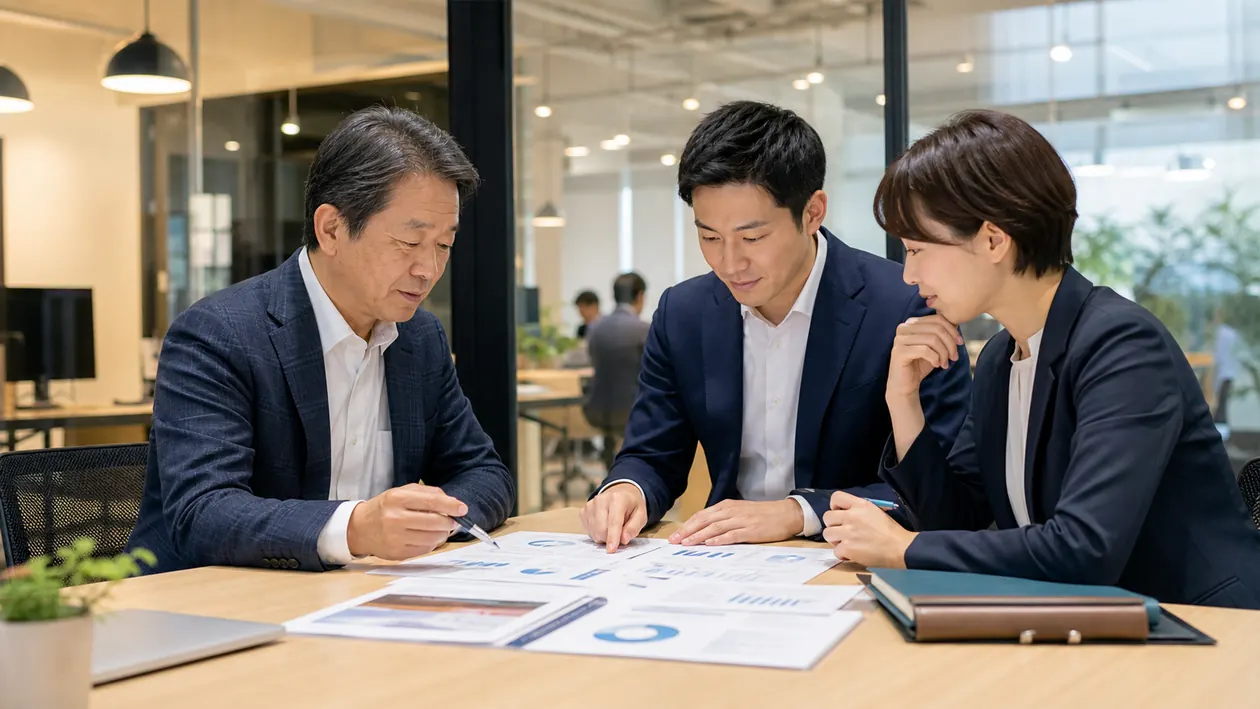 資料を見ながら打ち合わせをする3人(イメージ)