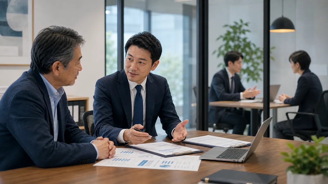 資料を見ながら相談する二人のイメージ
