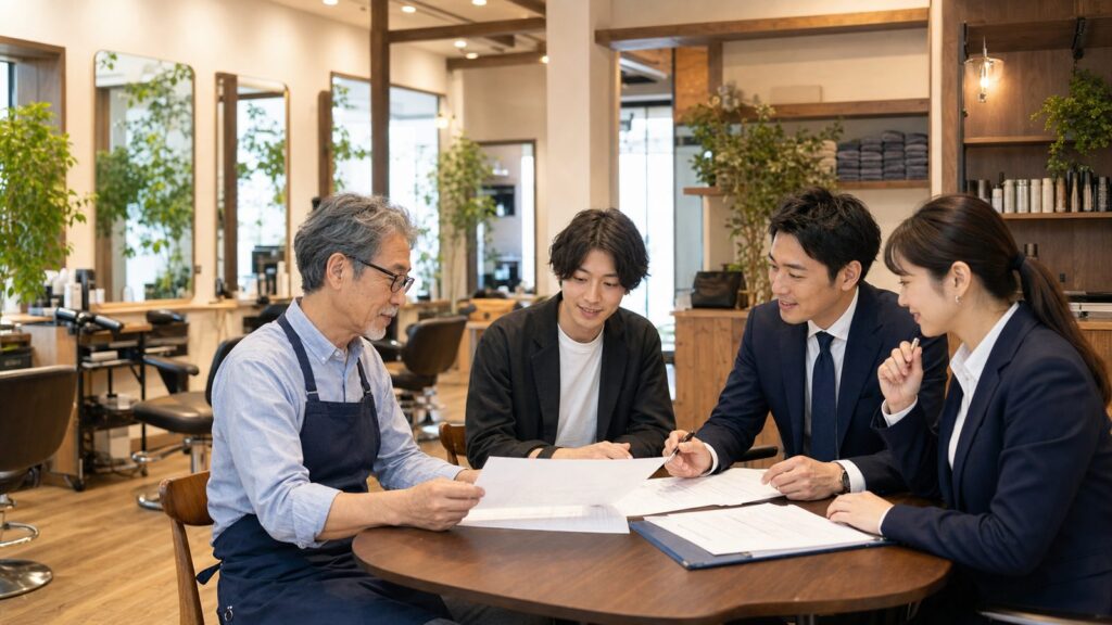 美容室の室内で4人が書類を確認する相談イメージ