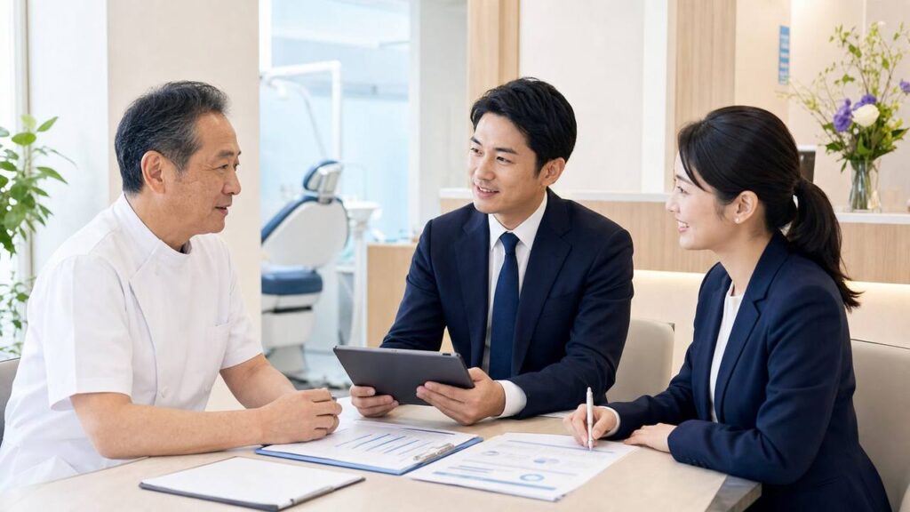 診療用の椅子がある室内で3人が書類を確認する相談イメージ