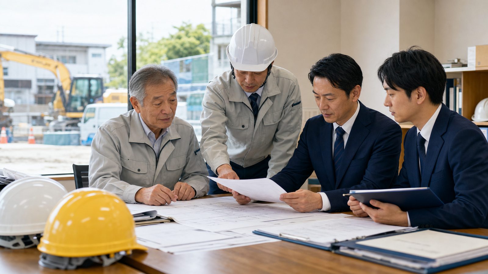 建設現場が見える事務所で4人が図面を確認する相談イメージ