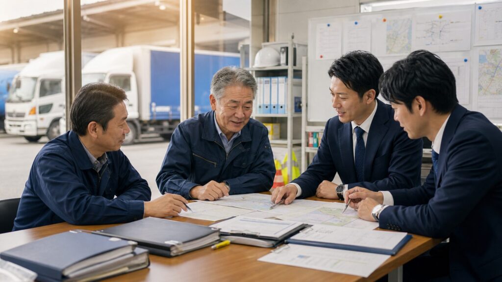 トラックが見える事務所で4人が書類を確認する相談イメージ