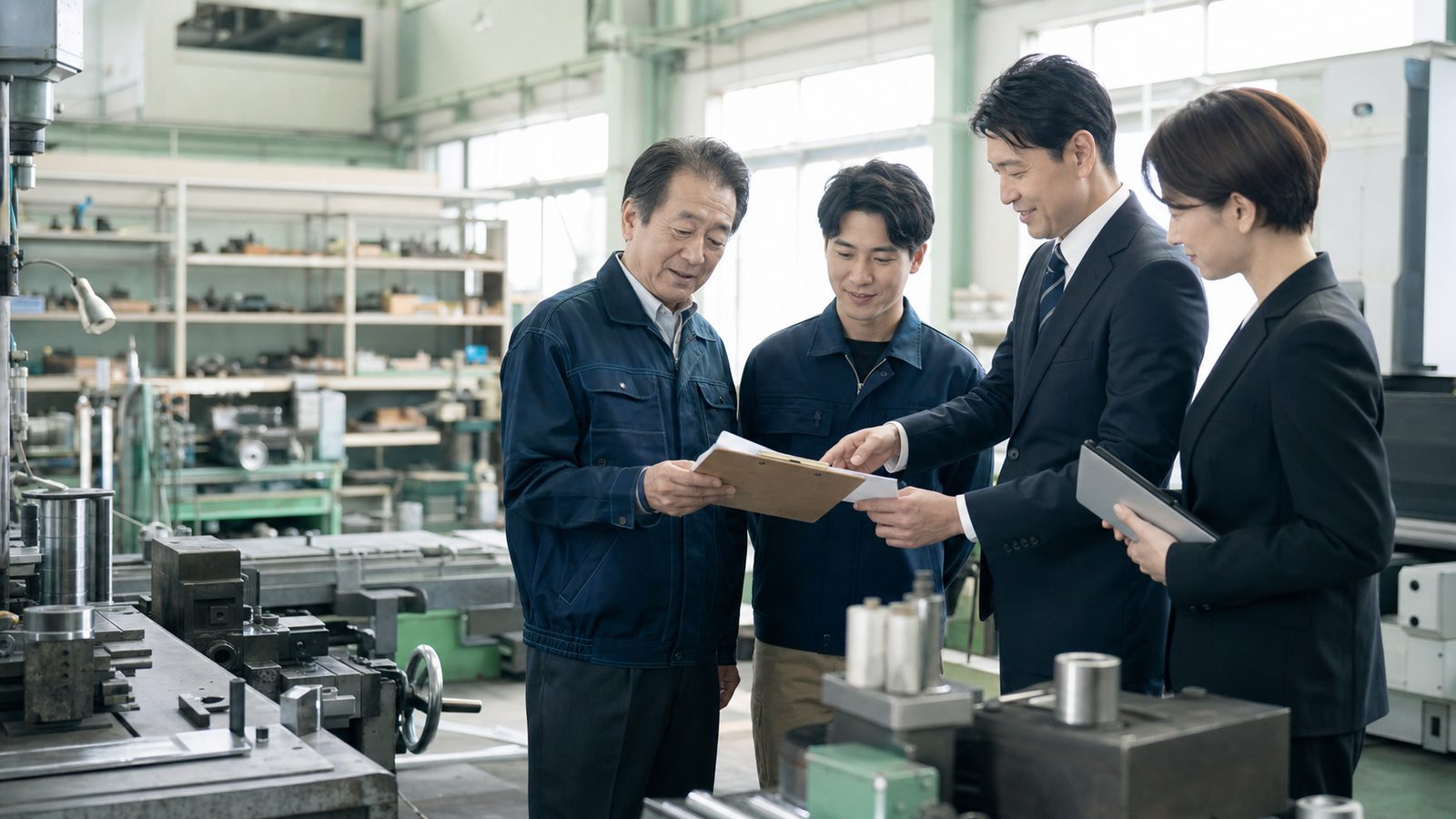 所沢市の製造業M&Aについて工場で相談する経営者と専門担当者
