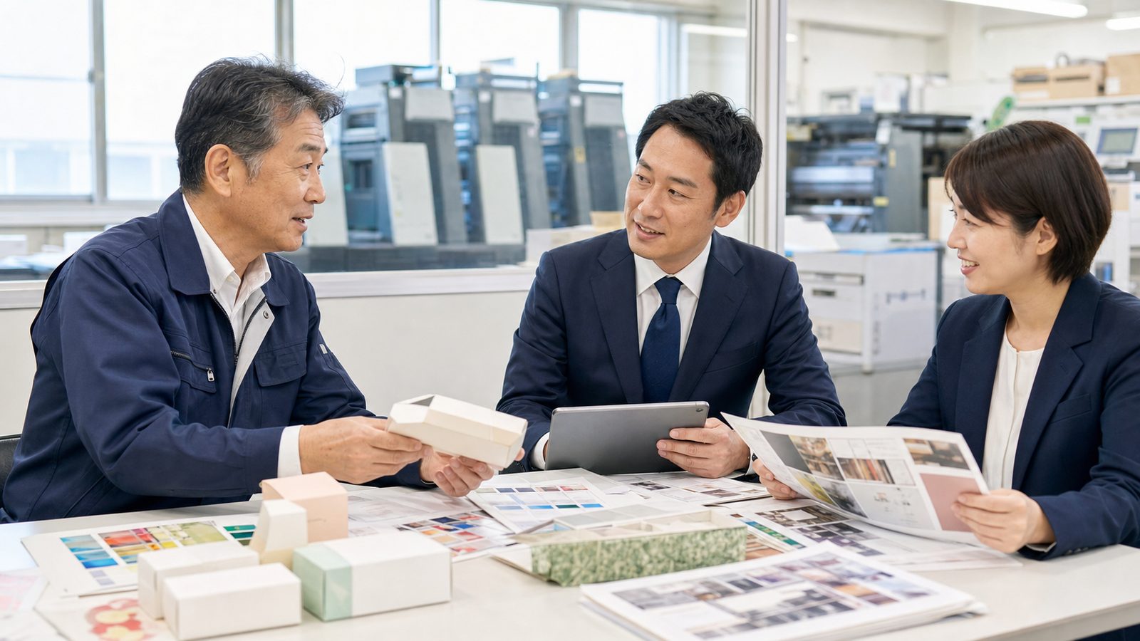 印刷物と箱の見本を前に3人が資料を確認する相談イメージ