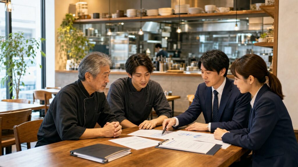 飲食店のテーブルで4人が書類を確認する相談イメージ