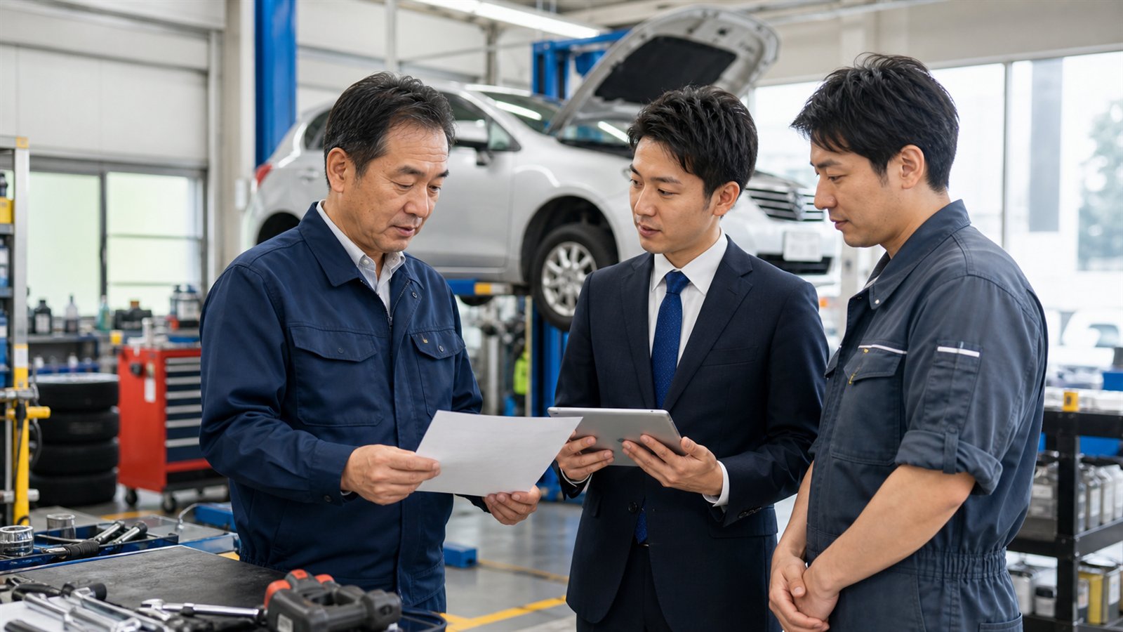 自動車整備工場で3人が資料を確認する相談イメージ