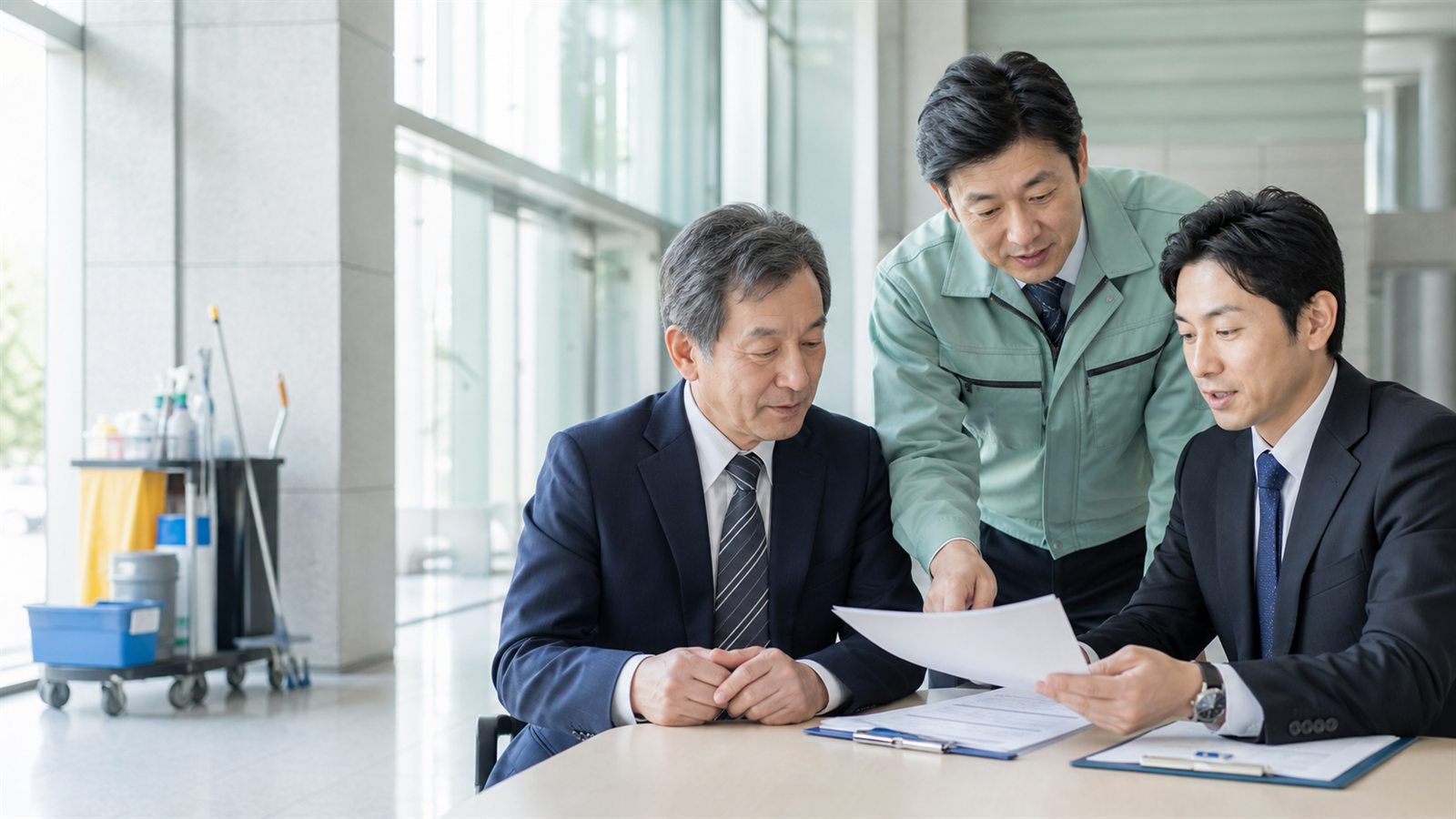 清掃用具のある建物内で3人が書類を確認する相談イメージ