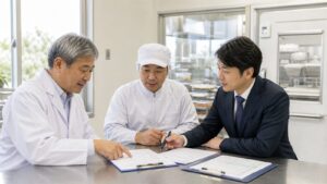 食品製造施設の室内で3人が書類を確認する相談イメージ
