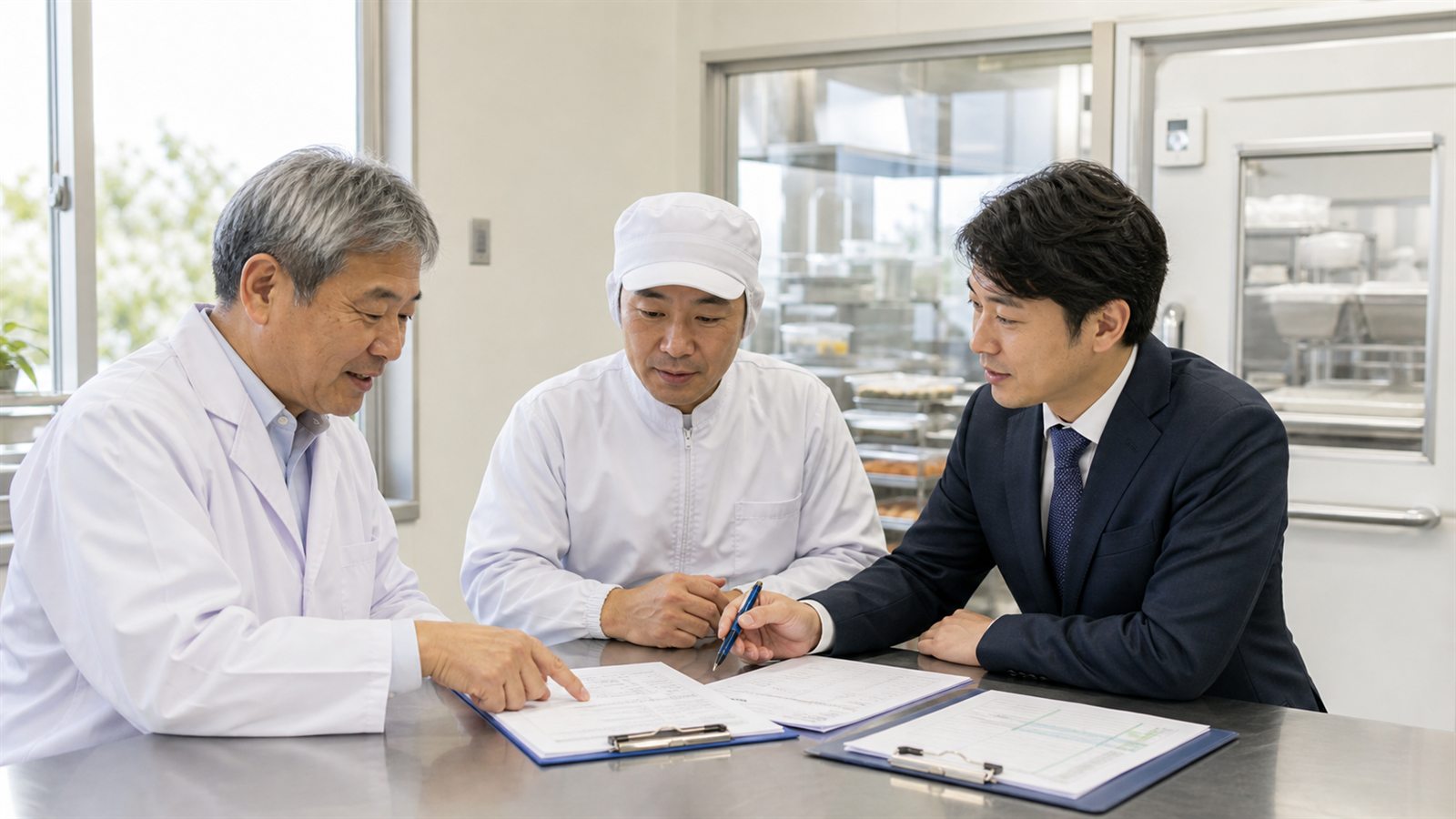 食品製造施設の室内で3人が書類を確認する相談イメージ