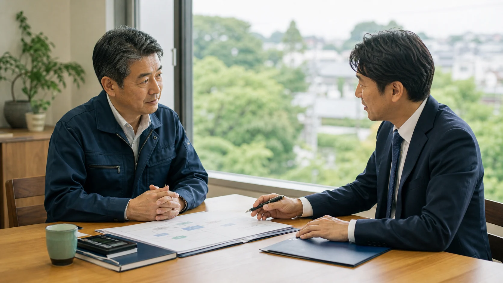 所沢・埼玉県南西部の事業承継について相談する経営者と担当者を描いたAI生成イメージ