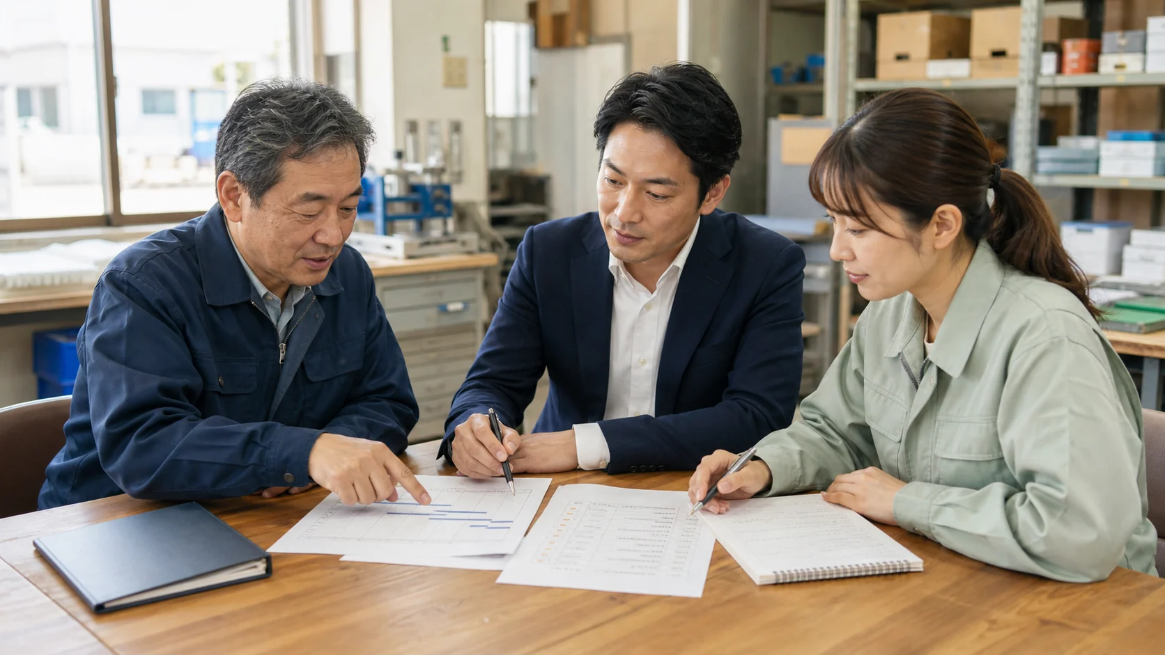 所沢の中小企業で売り手・買い手・従業員が事業の引継ぎ計画を確認するAI生成イメージ