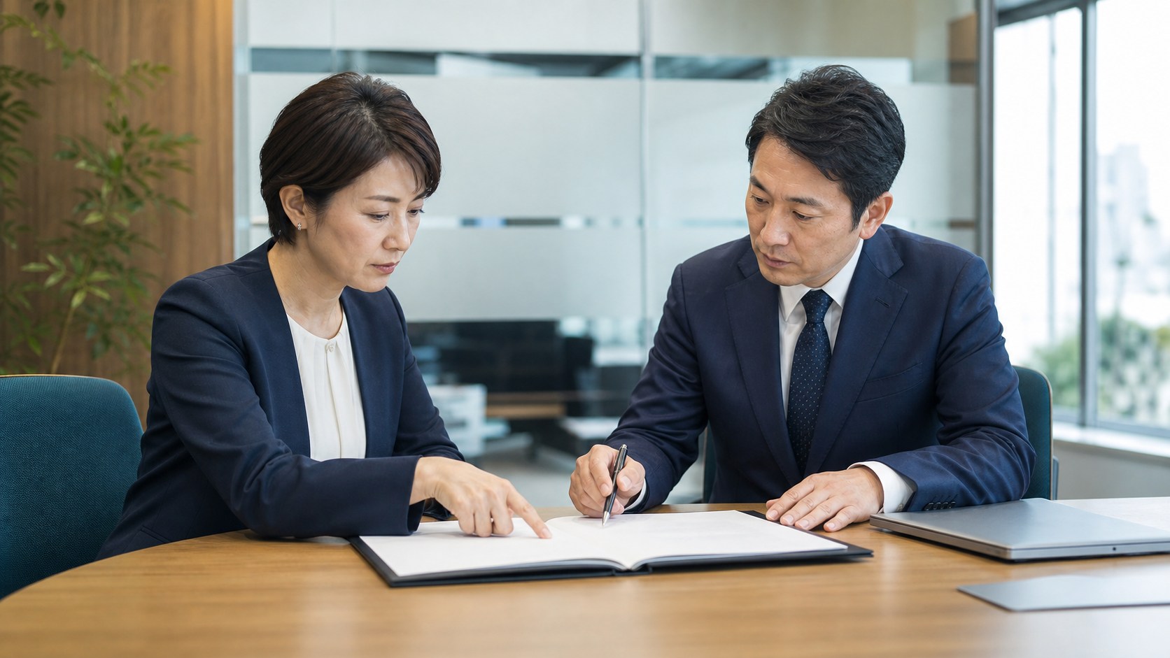 資料を見ながら相談する二人のイメージ
