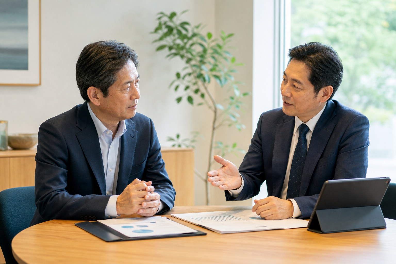 テーブルを囲んで話し合う2人(相談のイメージ)