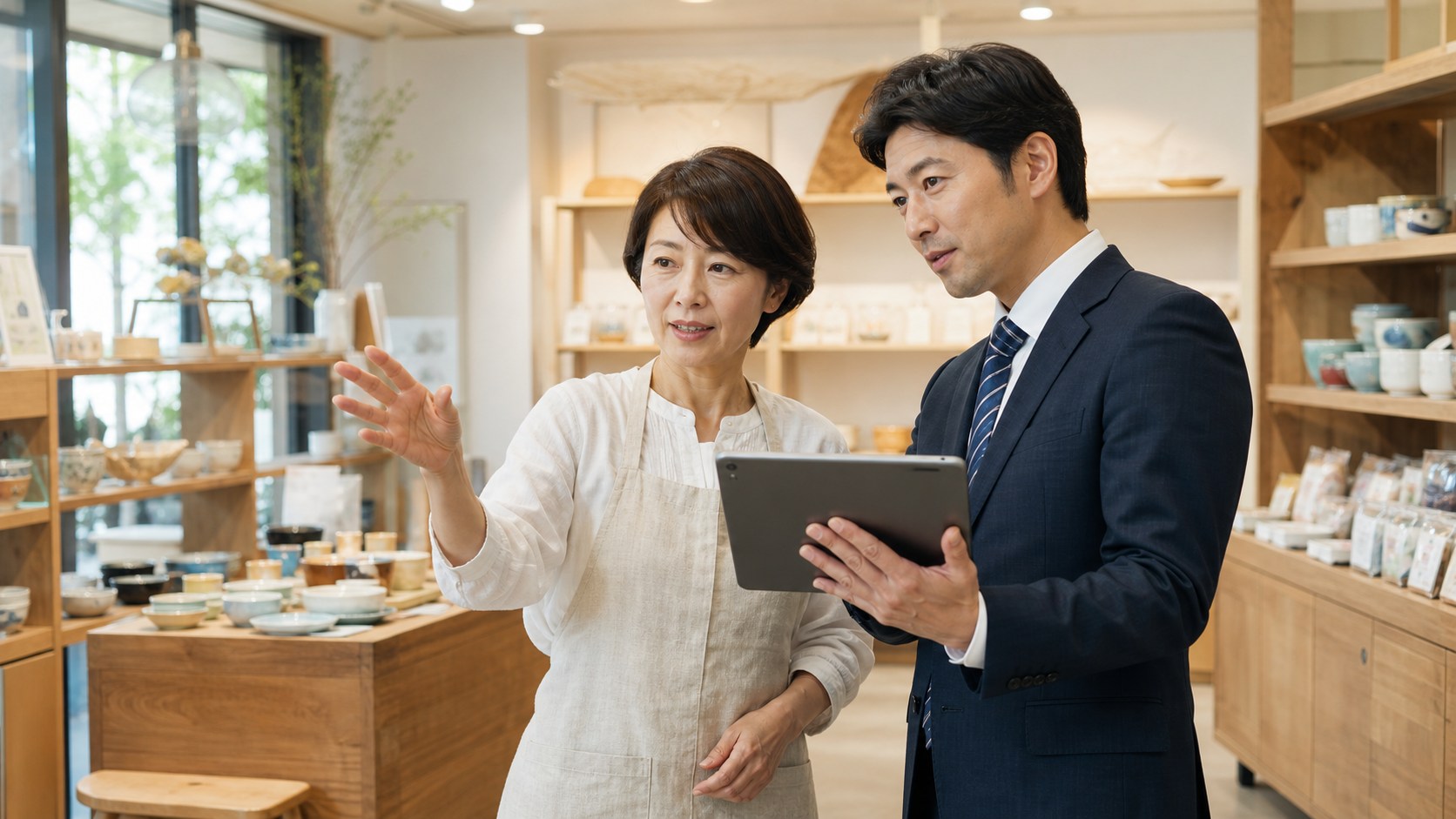 店舗で話し合う2人(イメージ)