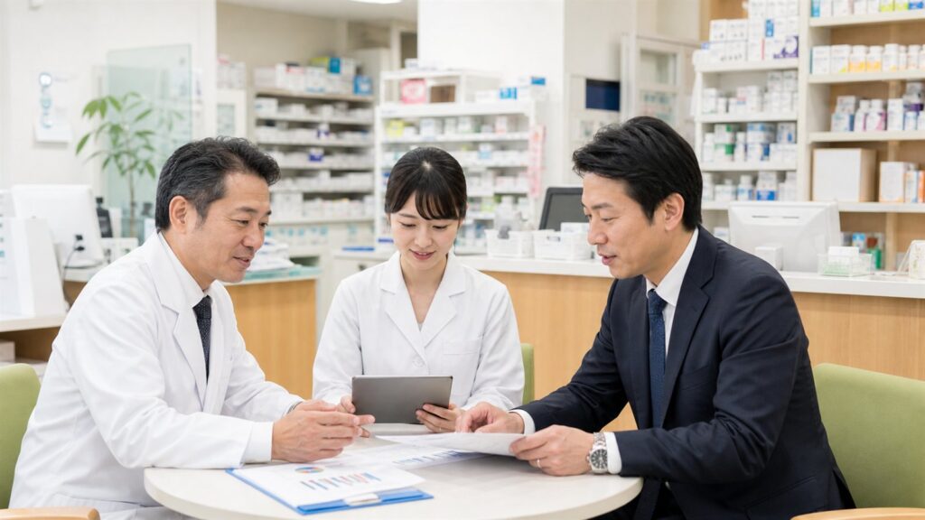 薬品棚のある室内で3人が資料を確認する相談イメージ
