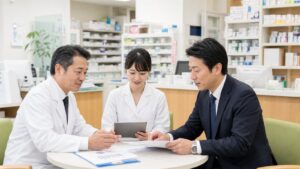 薬品棚のある室内で3人が資料を確認する相談イメージ