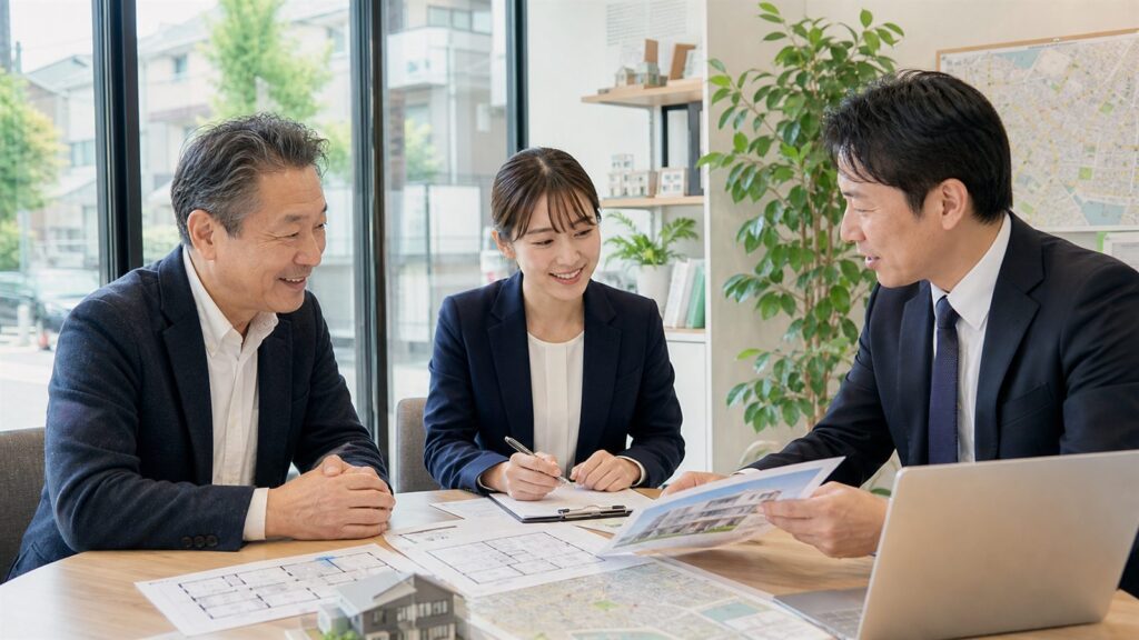 建物模型と間取り図のあるテーブルで3人が相談するイメージ