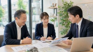 建物模型と間取り図のあるテーブルで3人が相談するイメージ