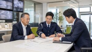 警備モニターのある室内で3人が書類を確認する相談イメージ