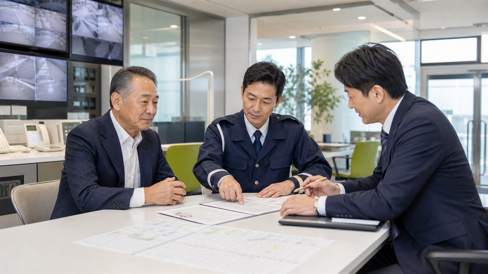 警備モニターのある室内で3人が書類を確認する相談イメージ