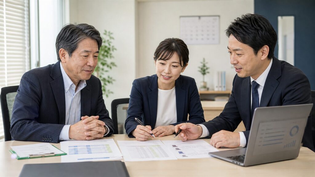オフィスで3人が書類を確認する相談イメージ
