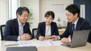 オフィスで3人が書類を確認する相談イメージ