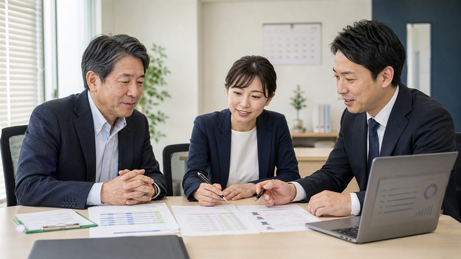 オフィスで3人が書類を確認する相談イメージ
